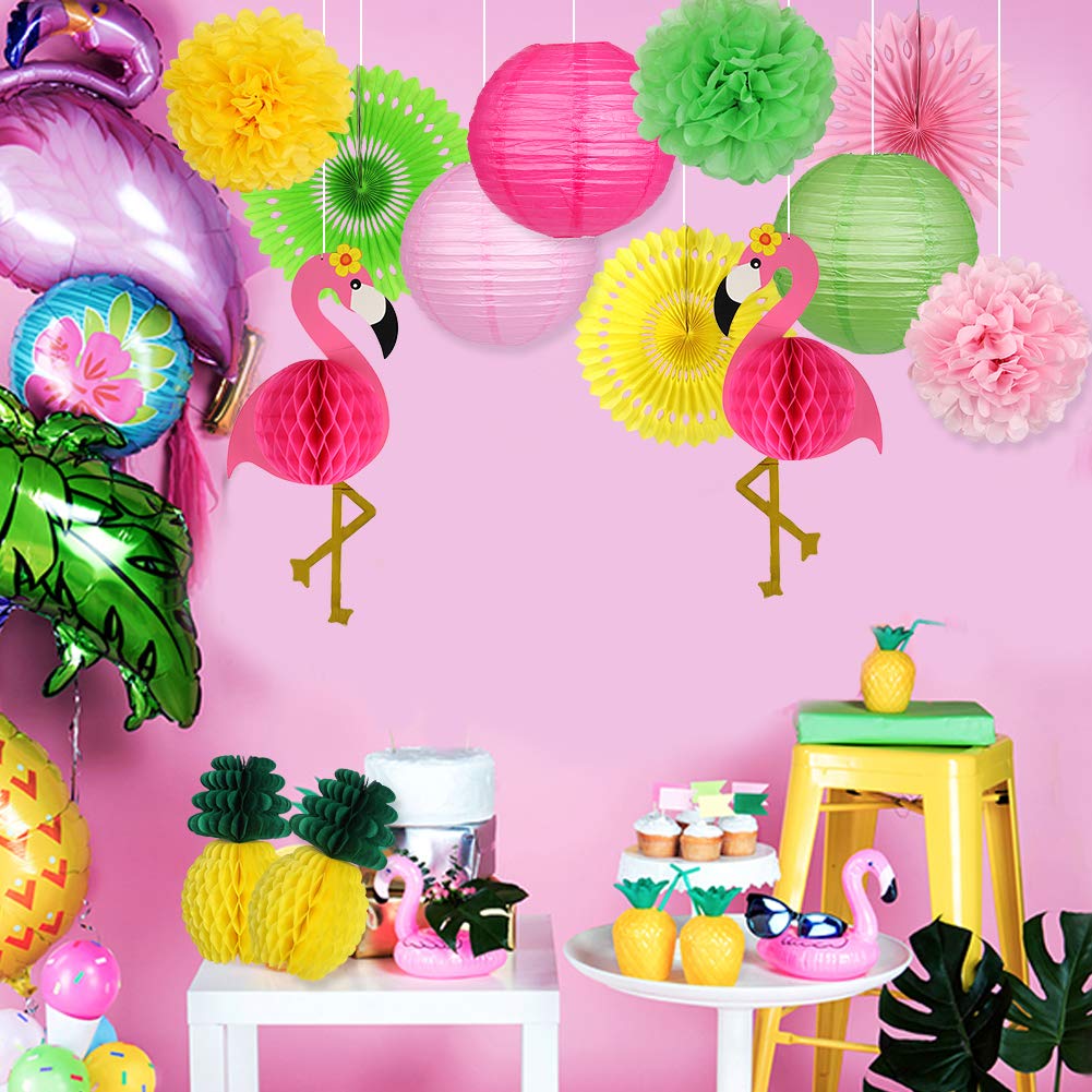 Yunxuan Flamingo Party Supplies, Hawaiian Party Decorations Flamingo And Pineapple Honeycomb Ball Paper Lanterns Paper Fans Pom